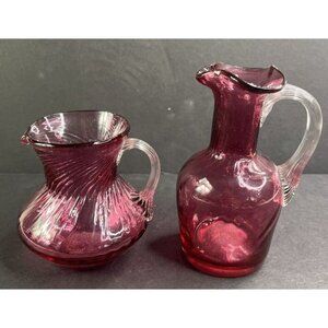 2 Pilgrim Glass Cranberry Mini Pitchers W/ Clear Ponytail Handles Swirl 3.5 4.5"